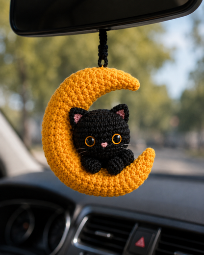 Handmade Crochet Black Cat on Moon Car Hanging Ornament | Mystical Halloween Mirror Charm