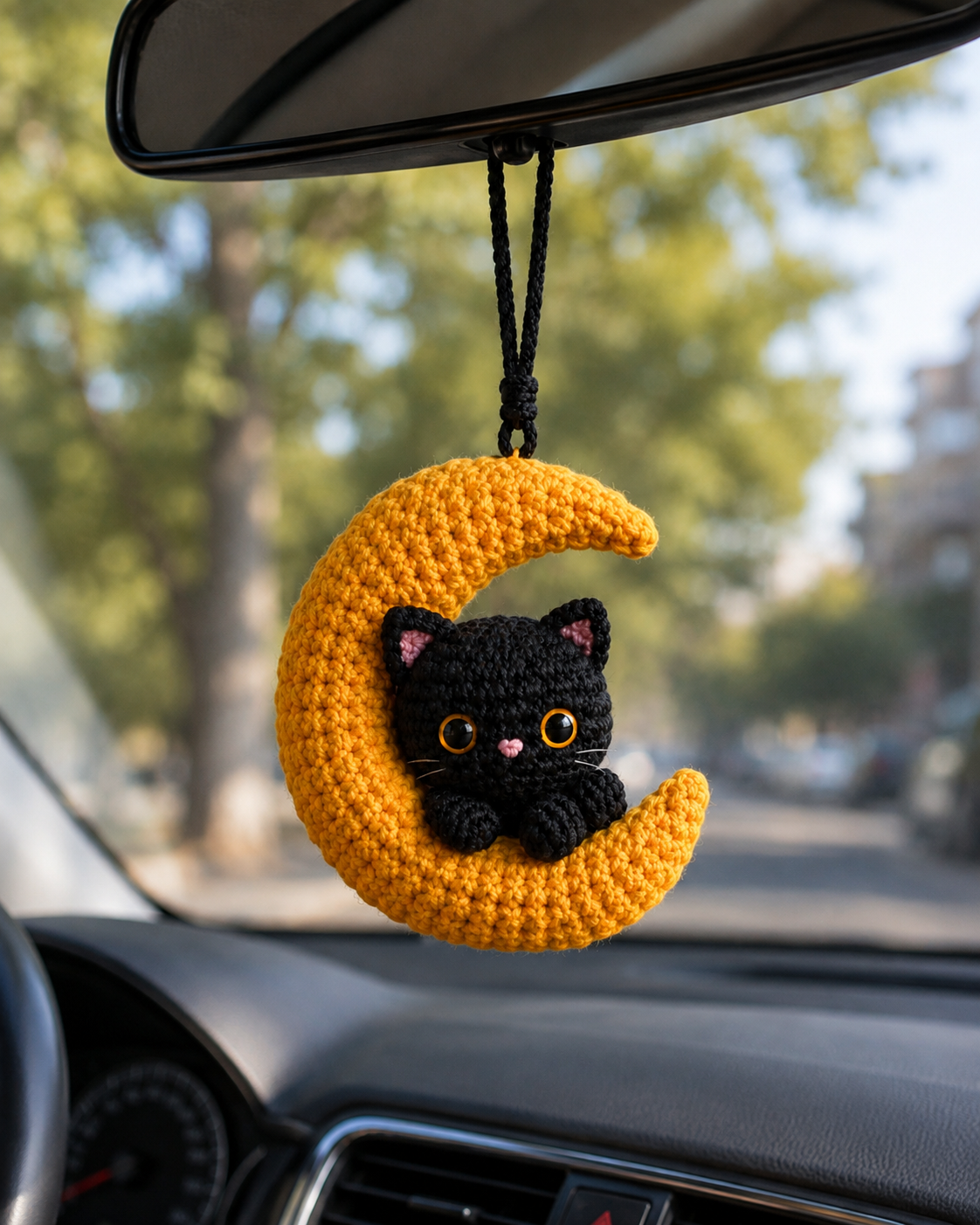 Handmade Crochet Black Cat on Moon Car Hanging Ornament | Mystical Halloween Mirror Charm