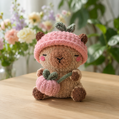 Handmade Crochet Fruit Hat Capybara Plushie | Soft Velvet Sleepy Capybara Stuffed Toy