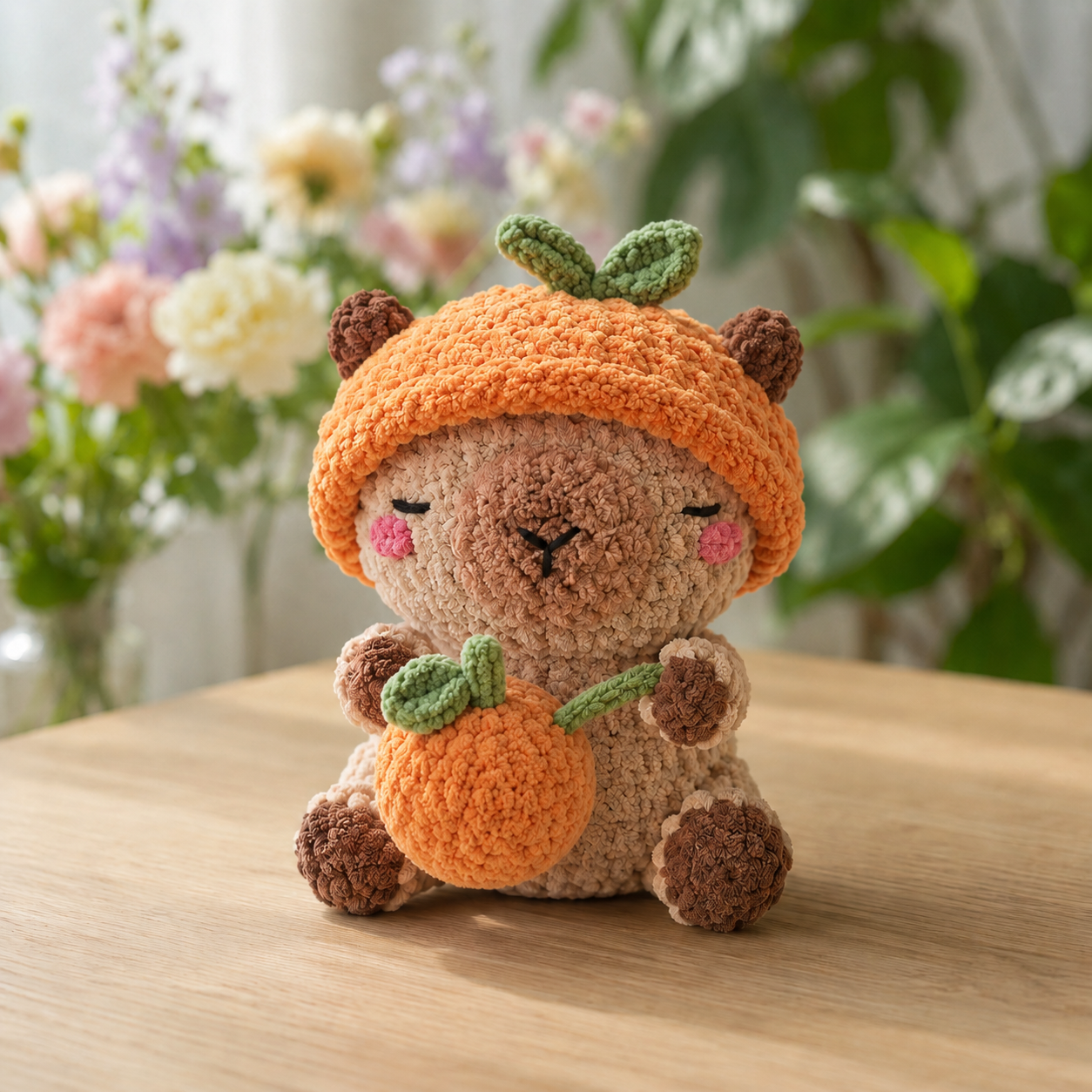 Handmade Crochet Fruit Hat Capybara Plushie | Soft Velvet Sleepy Capybara Stuffed Toy