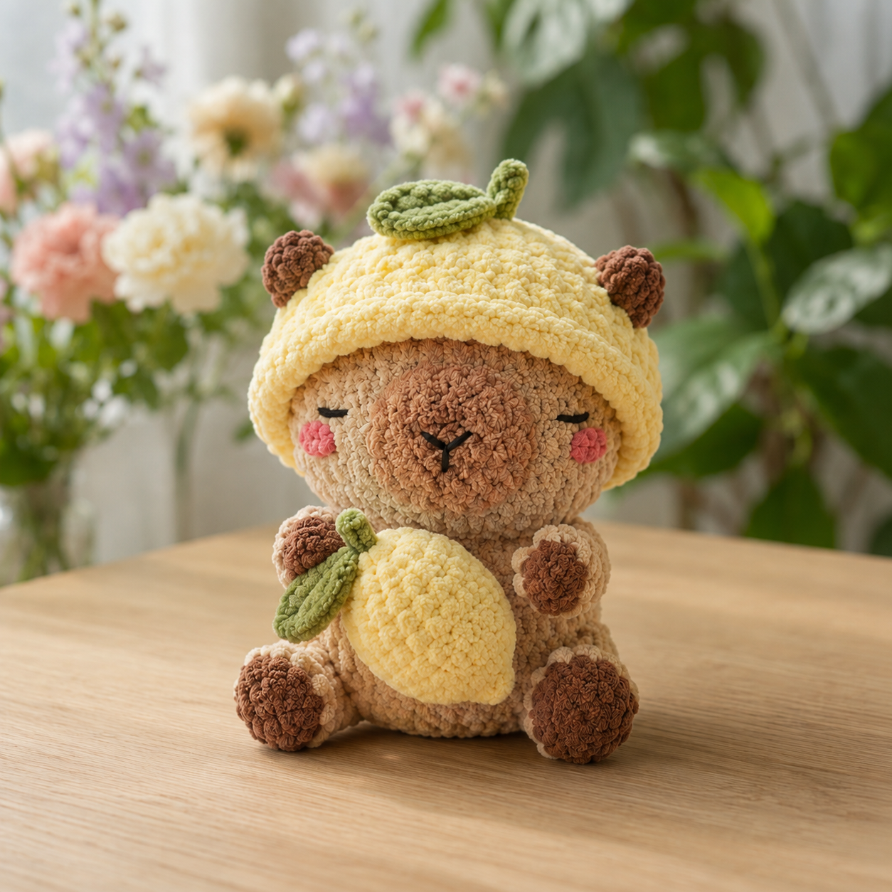 Handmade Crochet Fruit Hat Capybara Plushie | Soft Velvet Sleepy Capybara Stuffed Toy