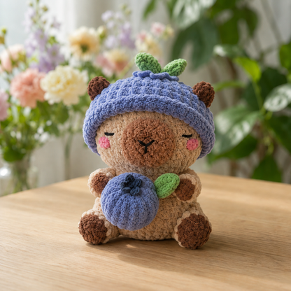 Handmade Crochet Fruit Hat Capybara Plushie | Soft Velvet Sleepy Capybara Stuffed Toy