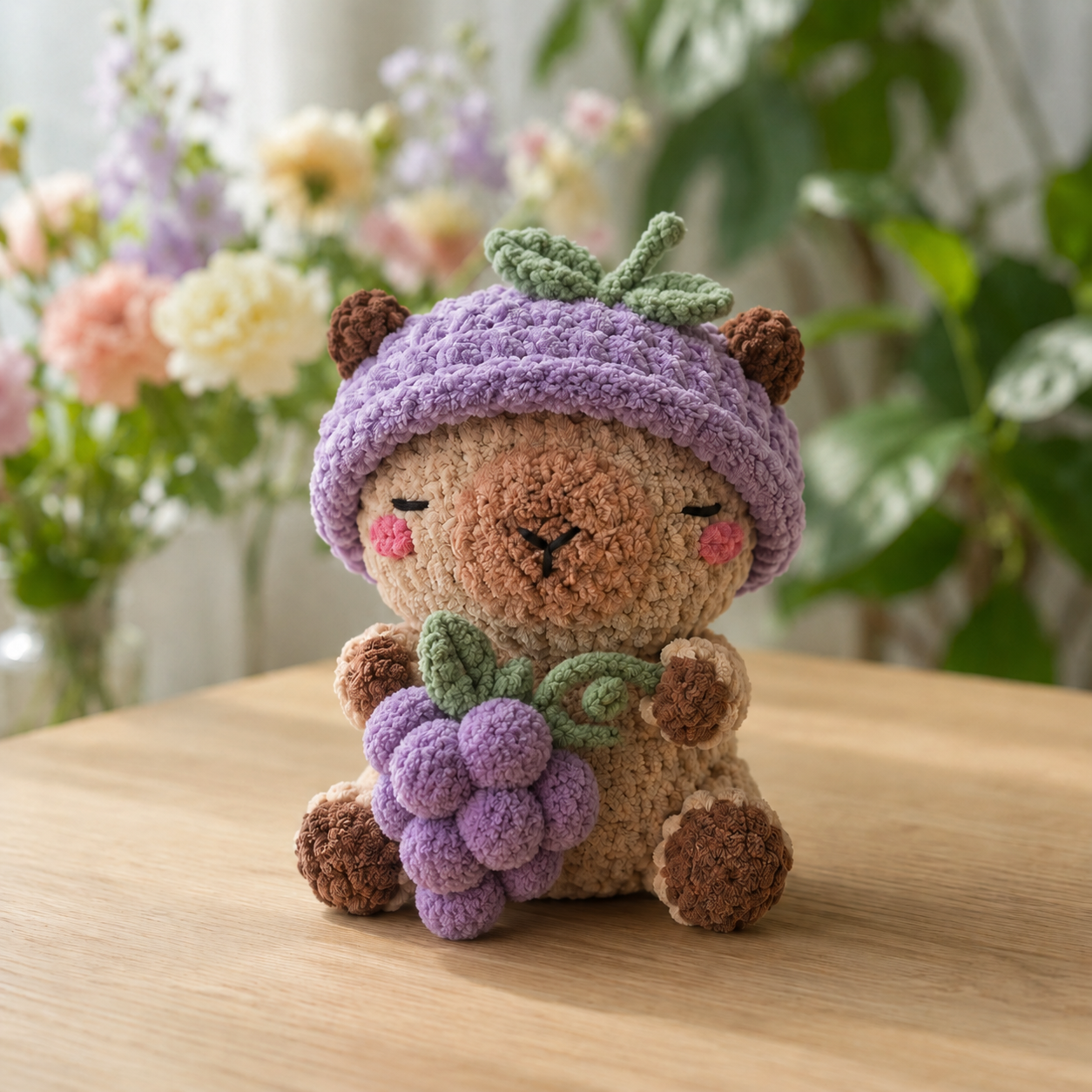 Handmade Crochet Fruit Hat Capybara Plushie | Soft Velvet Sleepy Capybara Stuffed Toy