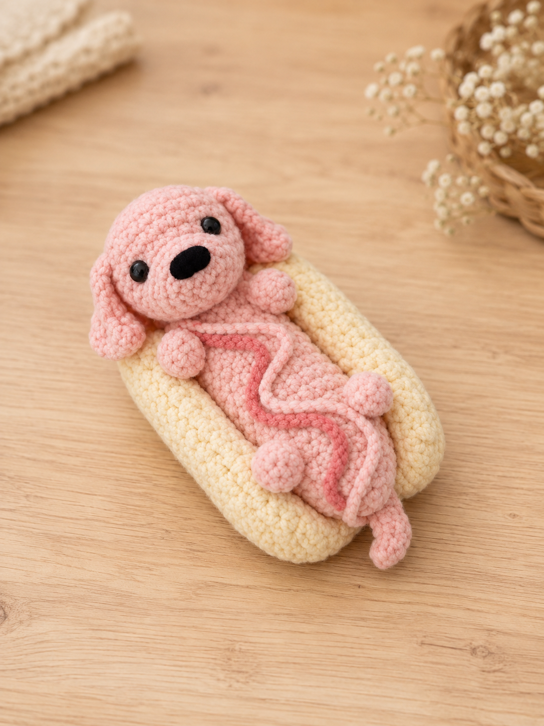 Handmade Crochet Hot Dog Dachshund Plushie | Adorable Stuffed Puppy in Bun Toy