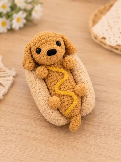Handmade Crochet Hot Dog Dachshund Plushie | Adorable Stuffed Puppy in Bun Toy