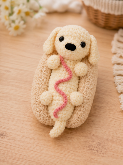 Handmade Crochet Hot Dog Dachshund Plushie | Adorable Stuffed Puppy in Bun Toy