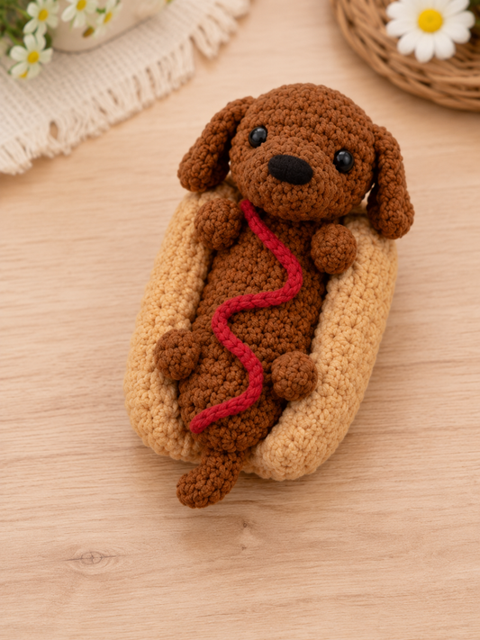 Handmade Crochet Hot Dog Dachshund Plushie | Adorable Stuffed Puppy in Bun Toy