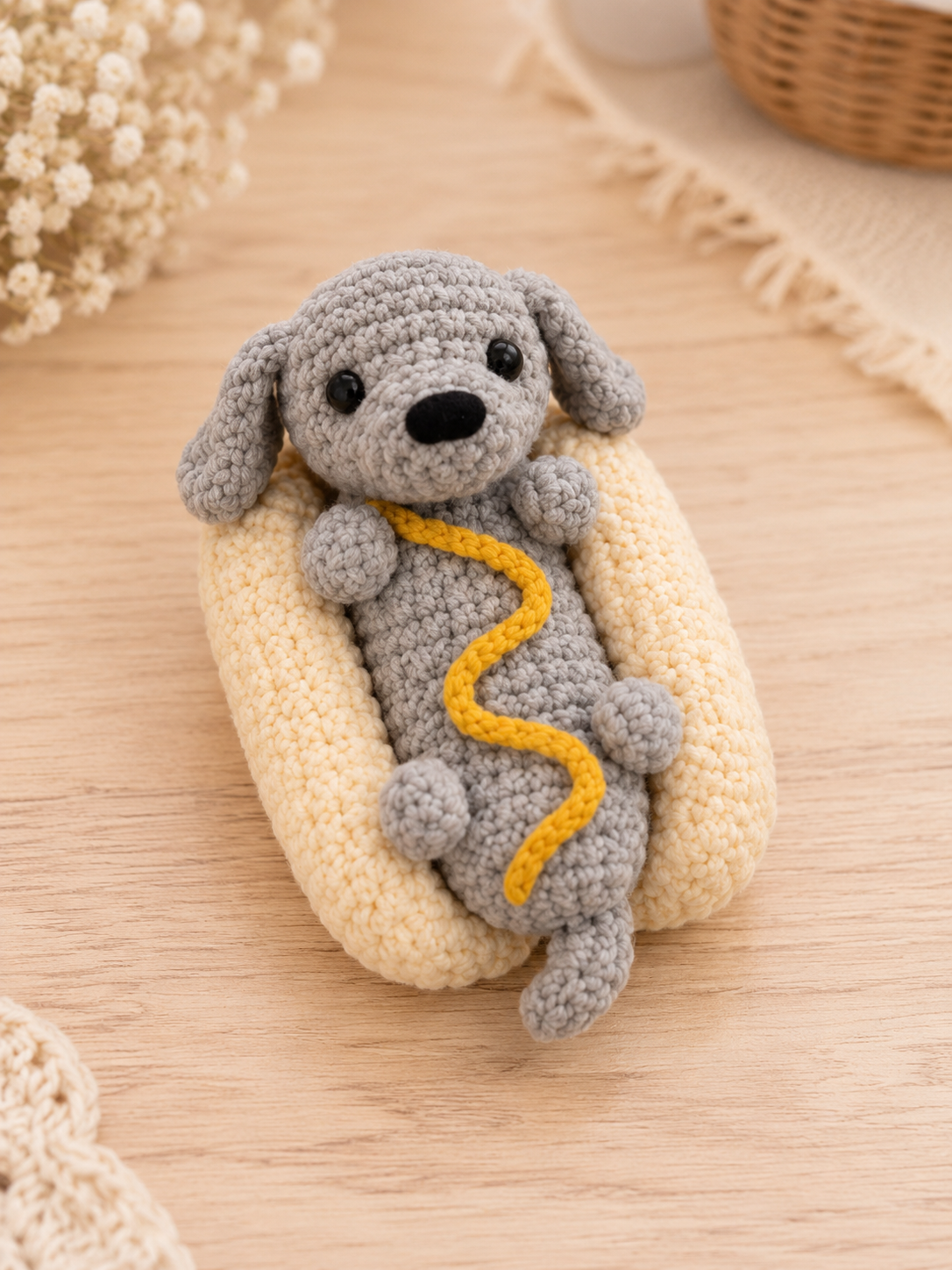 Handmade Crochet Hot Dog Dachshund Plushie | Adorable Stuffed Puppy in Bun Toy