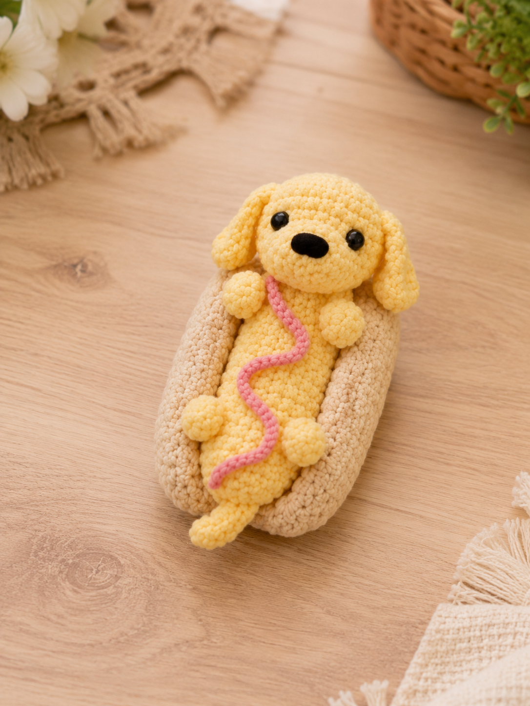 Handmade Crochet Hot Dog Dachshund Plushie | Adorable Stuffed Puppy in Bun Toy