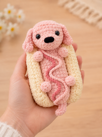 Handmade Crochet Hot Dog Dachshund Plushie | Adorable Stuffed Puppy in Bun Toy