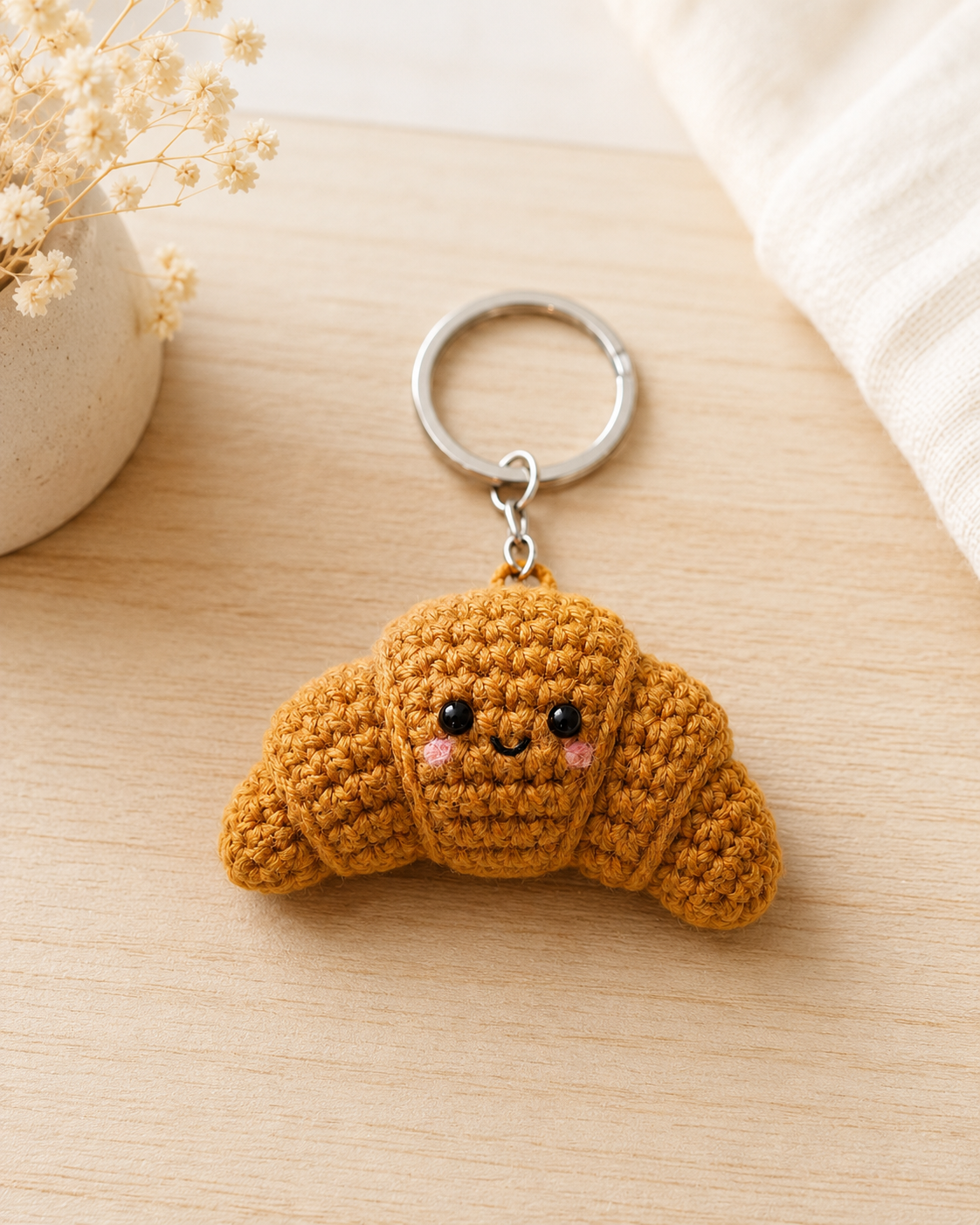 Handmade Crochet Croissant Keychain | Adorable Pastry Bag Charm & Keyring