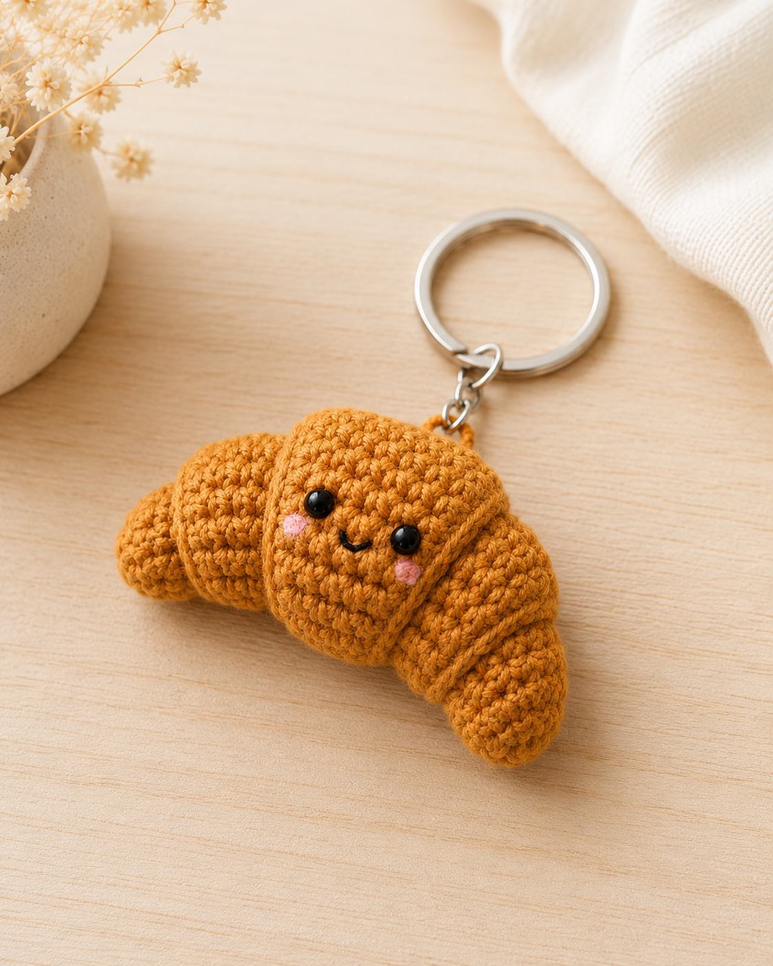 Handmade Crochet Croissant Keychain | Adorable Pastry Bag Charm & Keyring