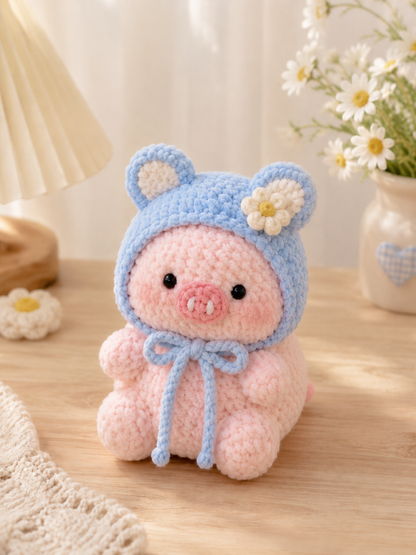 Handmade Crochet Piggy in Costume Plushie Collection | Soft Velvet Amigurumi Stuffed Animal