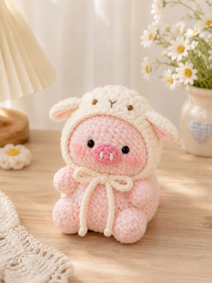 Handmade Crochet Piggy in Costume Plushie Collection | Soft Velvet Amigurumi Stuffed Animal
