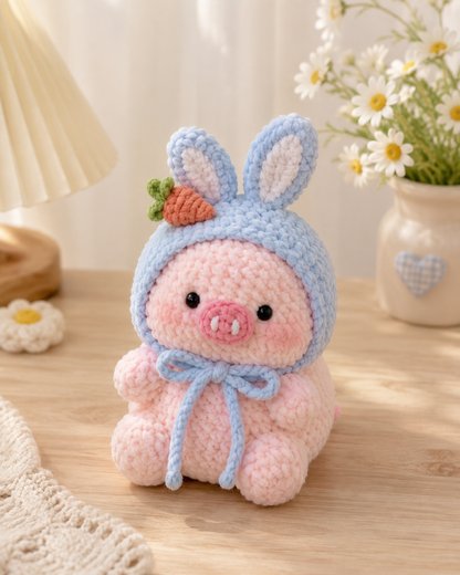 Handmade Crochet Piggy in Costume Plushie Collection | Soft Velvet Amigurumi Stuffed Animal