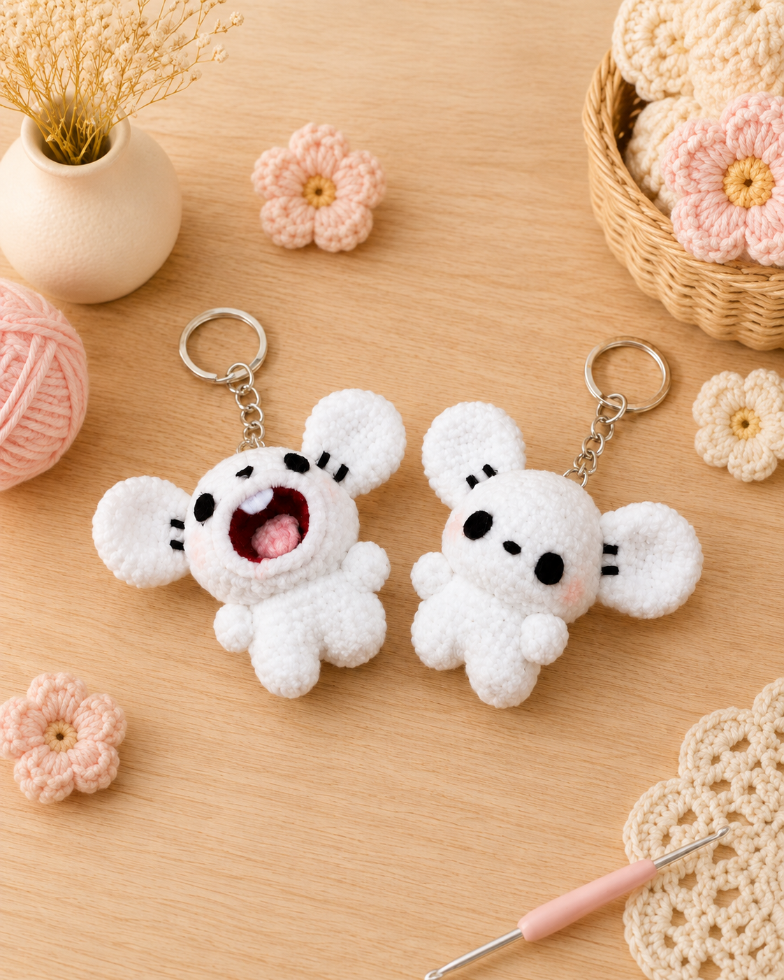 Handmade Crochet Mischievous Mouse Keychain Set | Adorable Amigurumi Bag Charms
