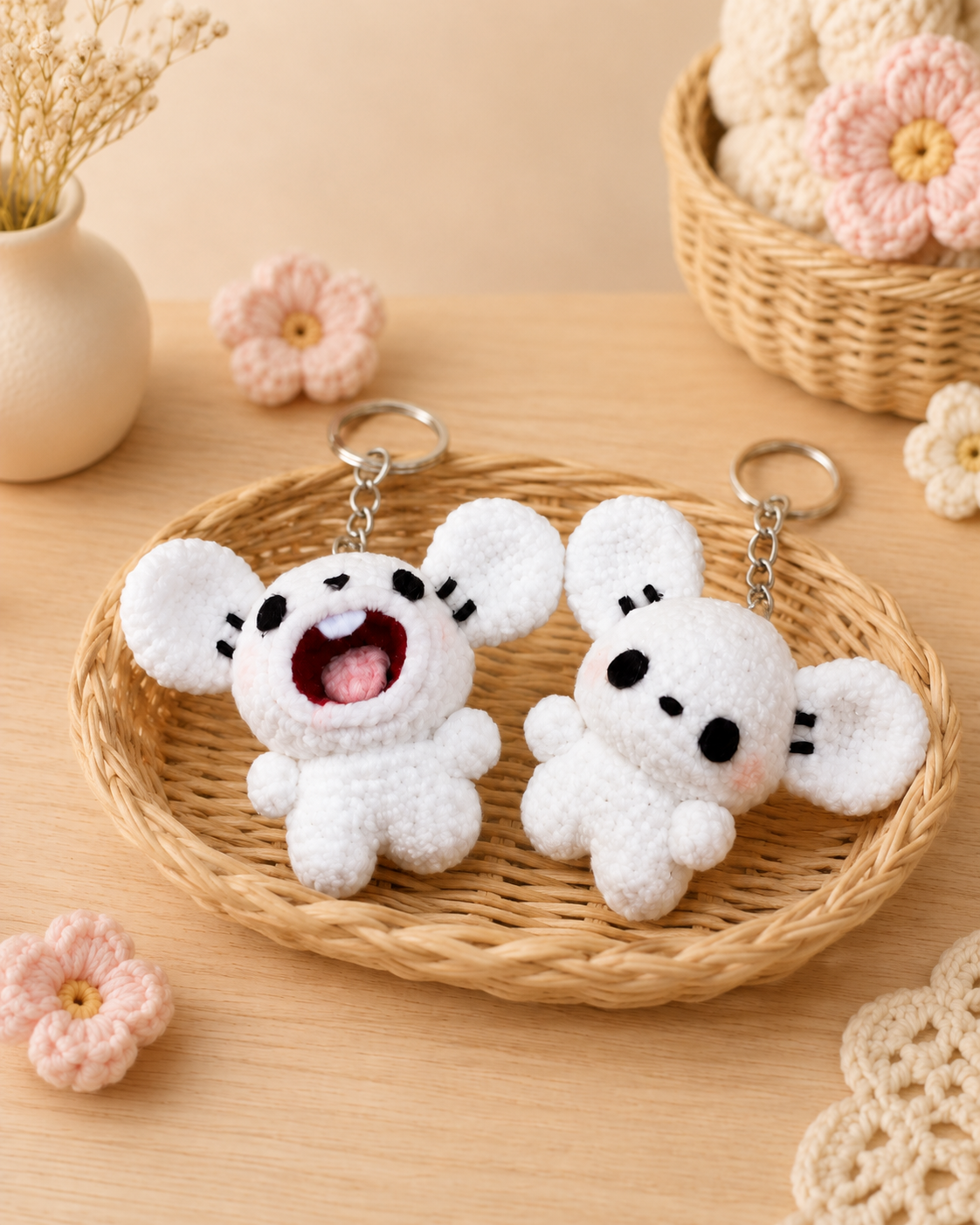 Handmade Crochet Mischievous Mouse Keychain Set | Adorable Amigurumi Bag Charms