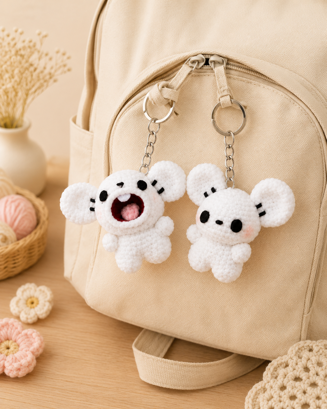 Handmade Crochet Mischievous Mouse Keychain Set | Adorable Amigurumi Bag Charms