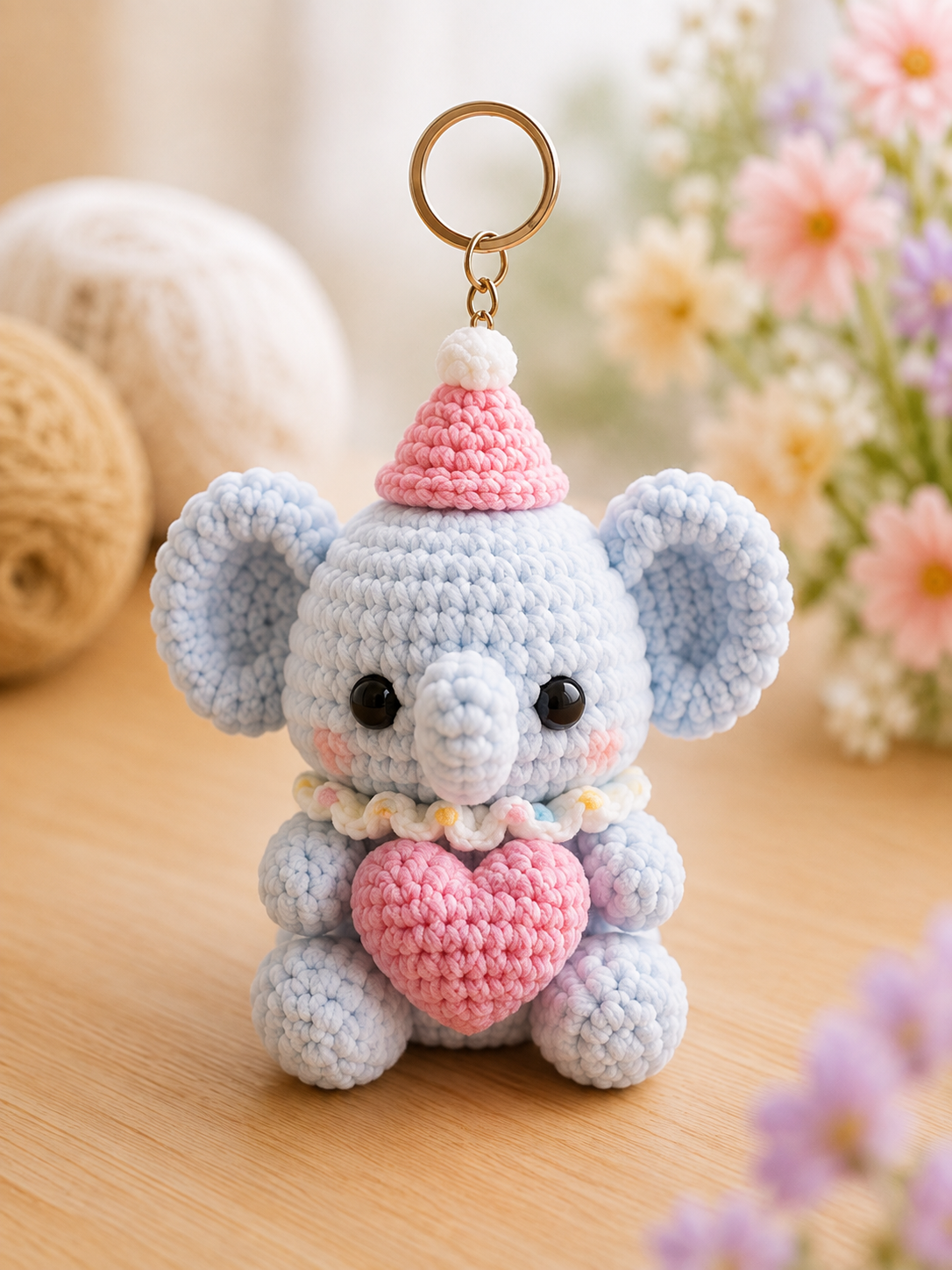 Handmade Crochet Elephant Keychain | Adorable Amigurumi Heart & Party Hat Bag Charm