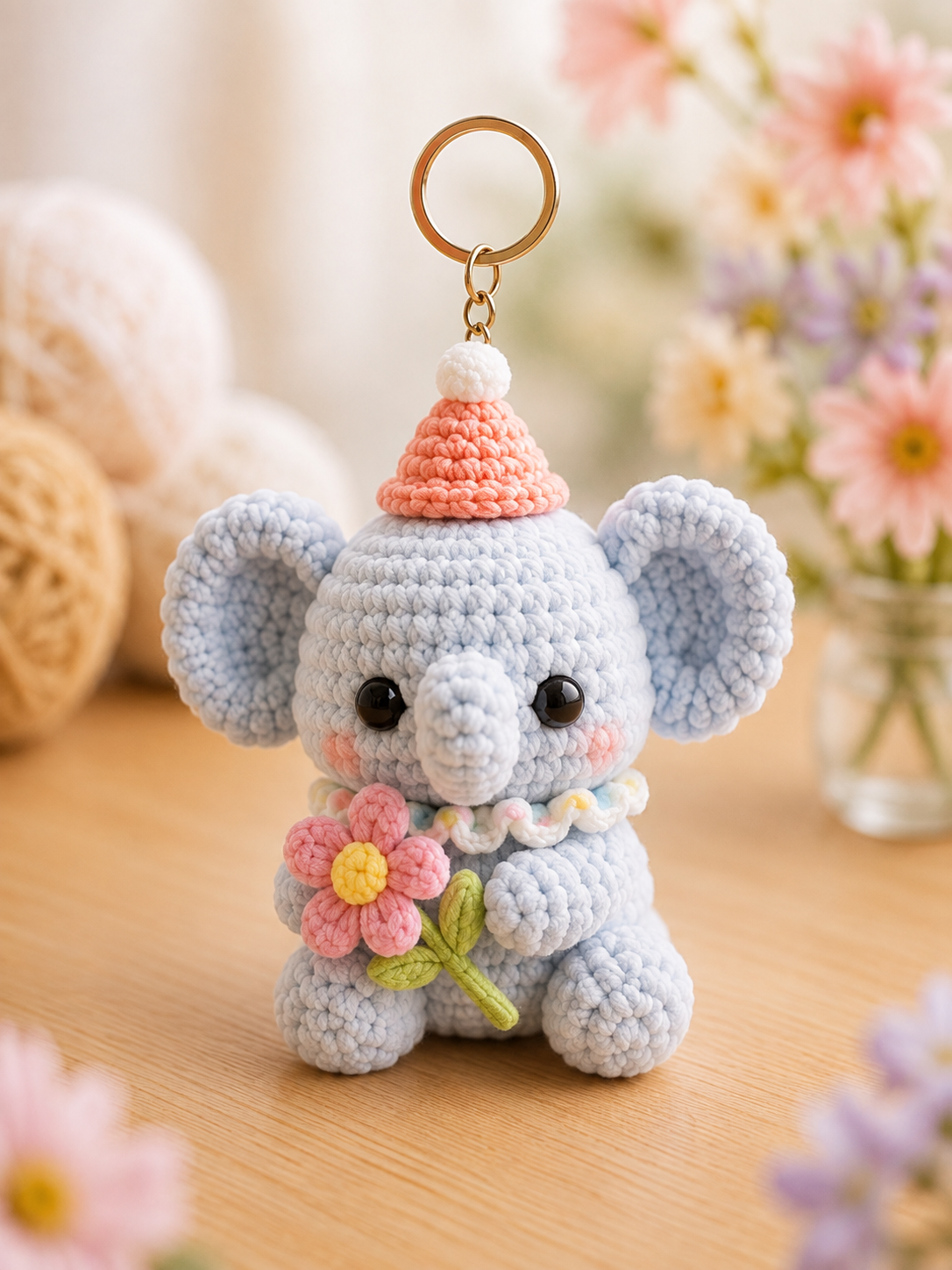 Handmade Crochet Elephant Keychain | Adorable Amigurumi Heart & Party Hat Bag Charm
