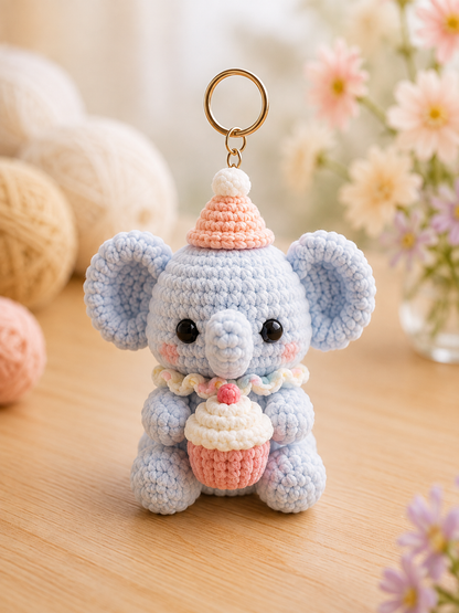 Handmade Crochet Elephant Keychain | Adorable Amigurumi Heart & Party Hat Bag Charm