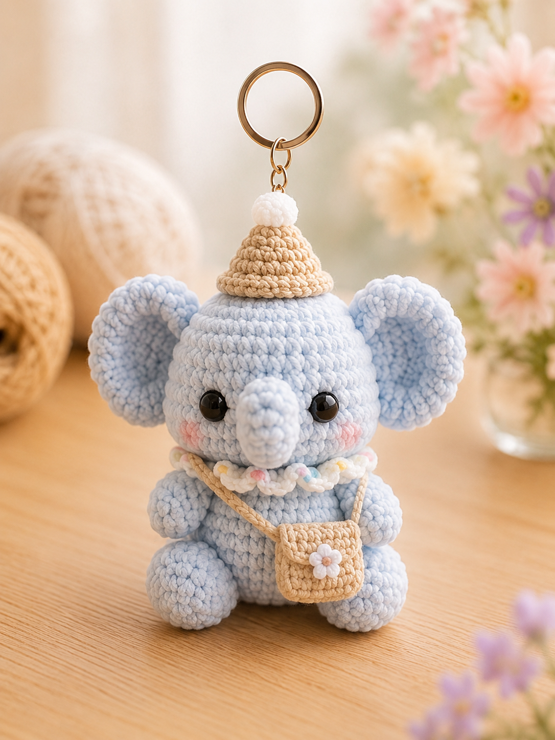 Handmade Crochet Elephant Keychain | Adorable Amigurumi Heart & Party Hat Bag Charm
