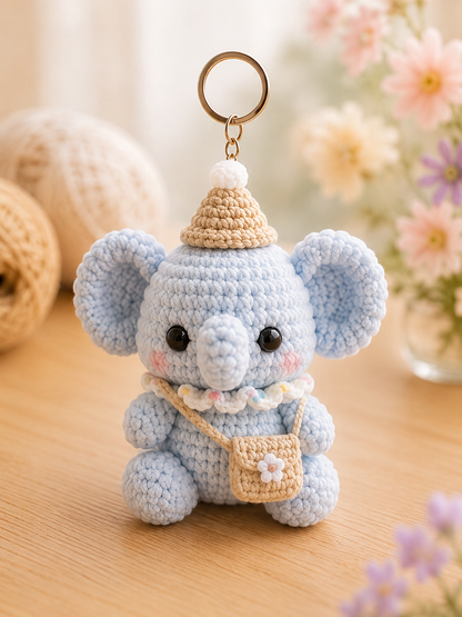 Handmade Crochet Elephant Keychain | Adorable Amigurumi Heart & Party Hat Bag Charm