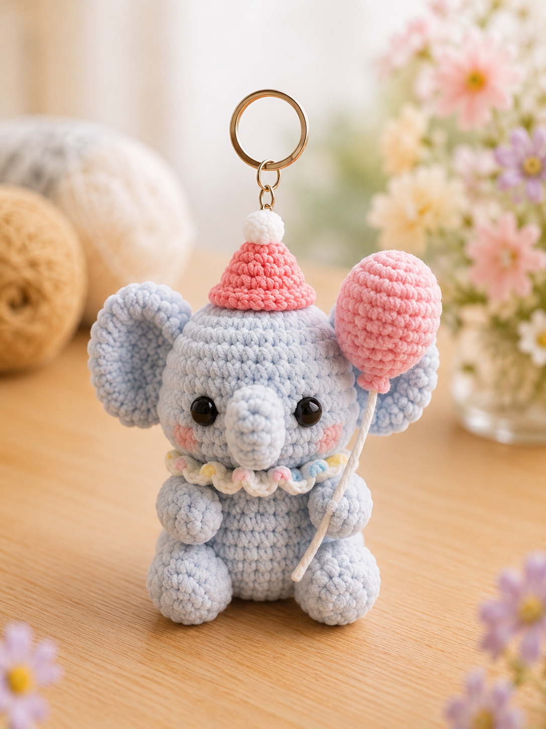 Handmade Crochet Elephant Keychain | Adorable Amigurumi Heart & Party Hat Bag Charm