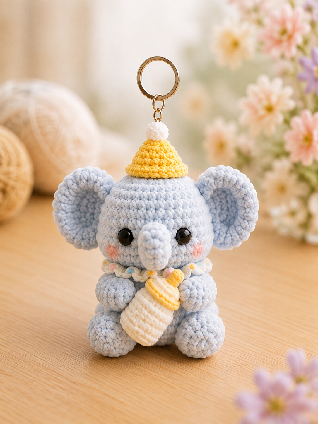 Handmade Crochet Elephant Keychain | Adorable Amigurumi Heart & Party Hat Bag Charm