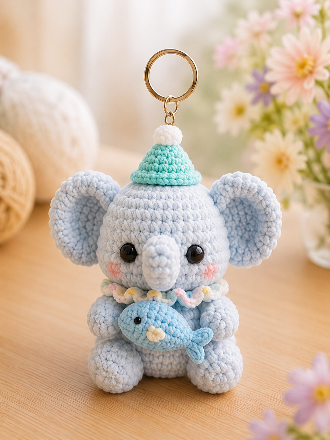 Handmade Crochet Elephant Keychain | Adorable Amigurumi Heart & Party Hat Bag Charm