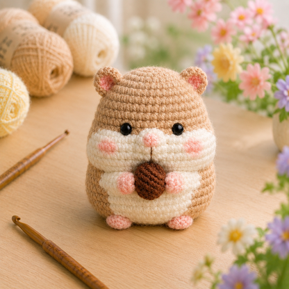 Handmade Crochet Hamster Holding an Acorn Plushie | Soft Milk Cotton Amigurumi Stuffed Animal