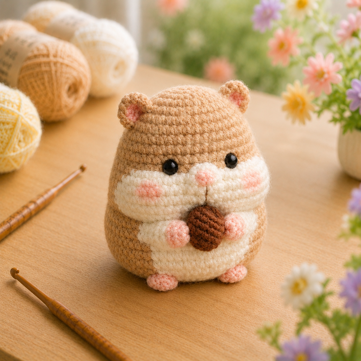 Handmade Crochet Hamster Holding an Acorn Plushie | Soft Milk Cotton Amigurumi Stuffed Animal