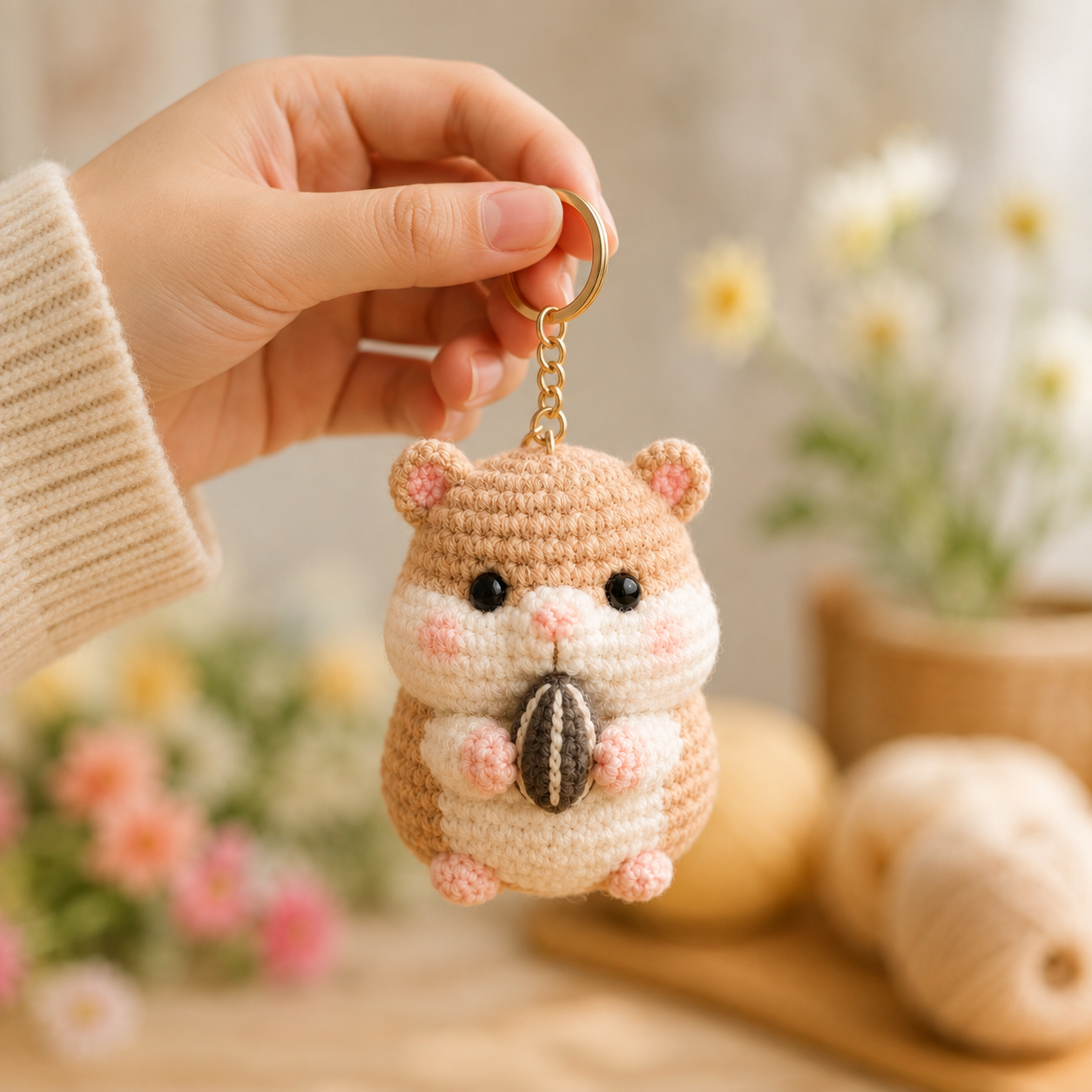 Handmade Crochet Hamster Holding a Sunflower Seed Keychain | Adorable Amigurumi Bag Charm