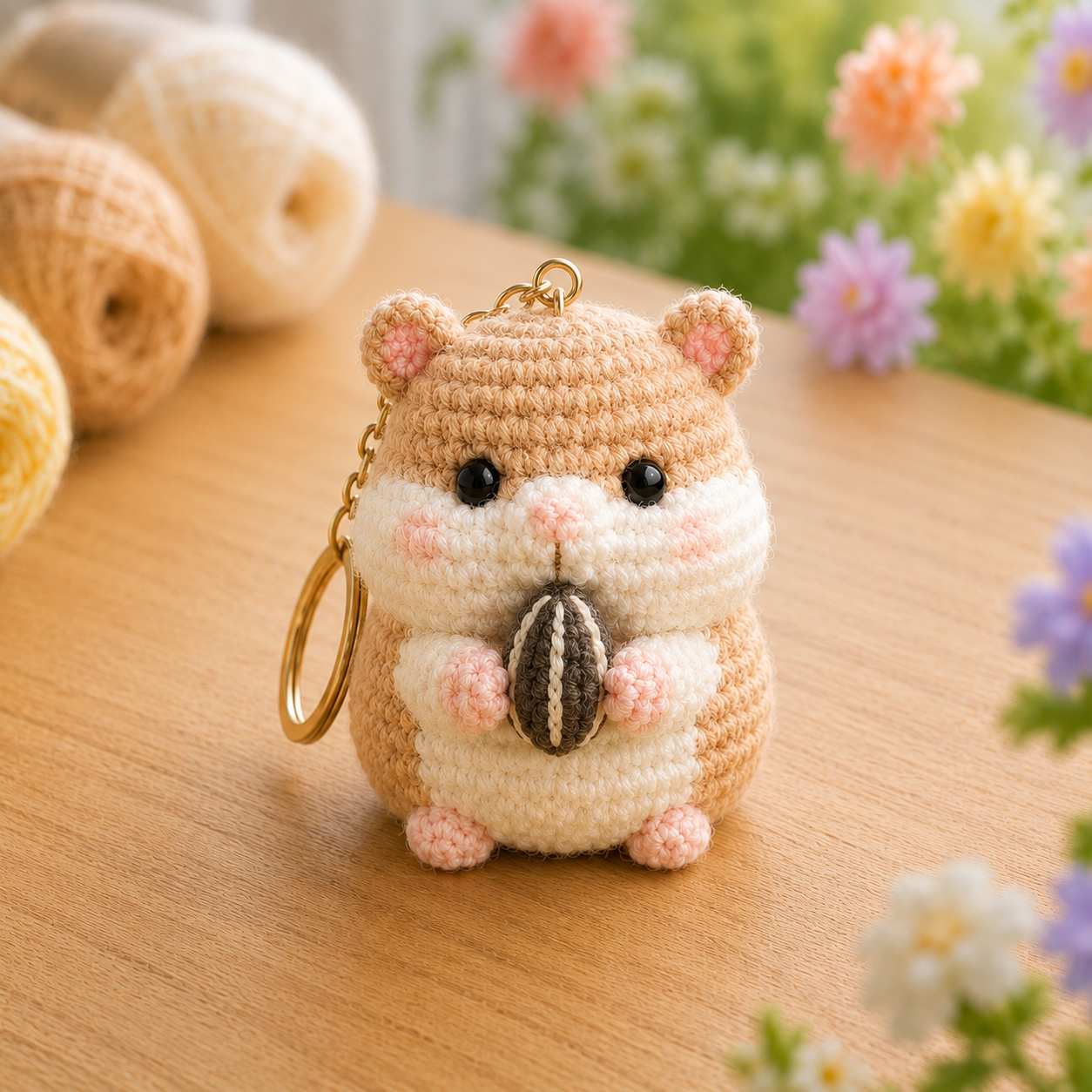 Handmade Crochet Hamster Holding a Sunflower Seed Keychain | Adorable Amigurumi Bag Charm