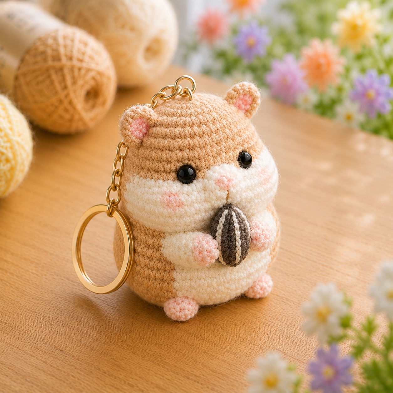 Handmade Crochet Hamster Holding a Sunflower Seed Keychain | Adorable Amigurumi Bag Charm