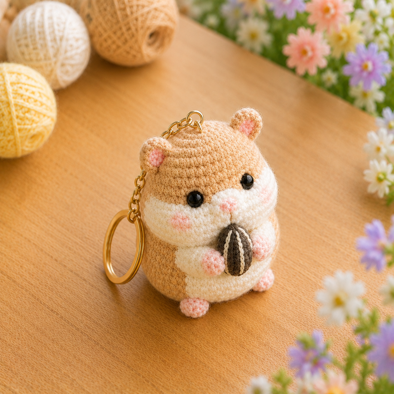Handmade Crochet Hamster Holding a Sunflower Seed Keychain | Adorable Amigurumi Bag Charm