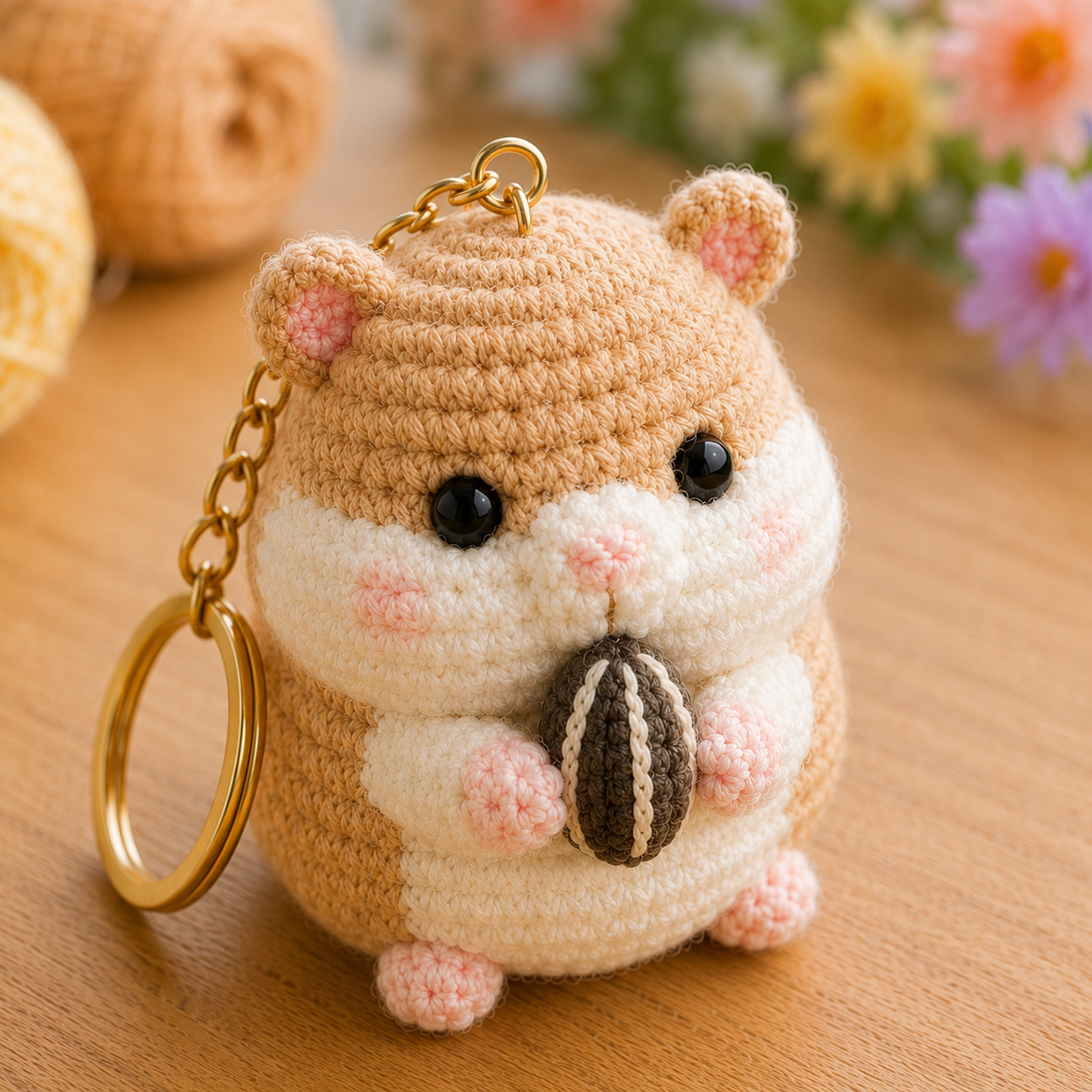 Handmade Crochet Hamster Holding a Sunflower Seed Keychain | Adorable Amigurumi Bag Charm