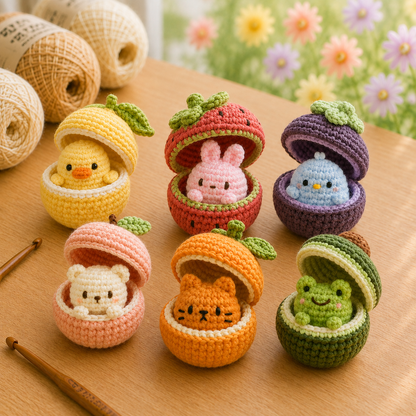 Handmade Crochet Fruit Pod Animals Plushie Collection | Surprise Amigurumi Stuffed Toy Set