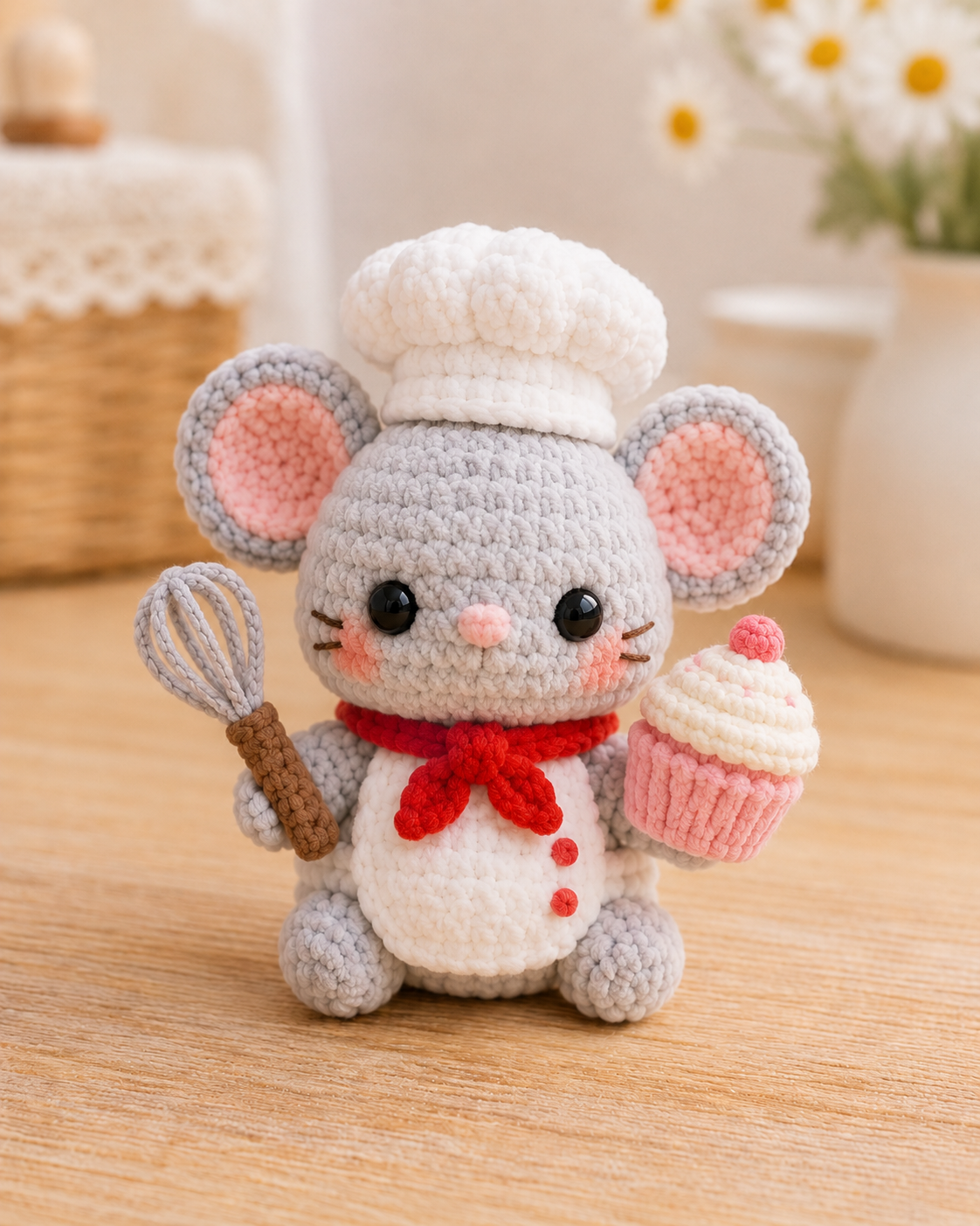 Handmade Crochet Chef Mouse Plushie Collection | Soft Velvet Amigurumi Baker Stuffed Animal