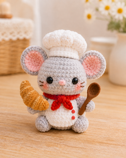 Handmade Crochet Chef Mouse Plushie Collection | Soft Velvet Amigurumi Baker Stuffed Animal