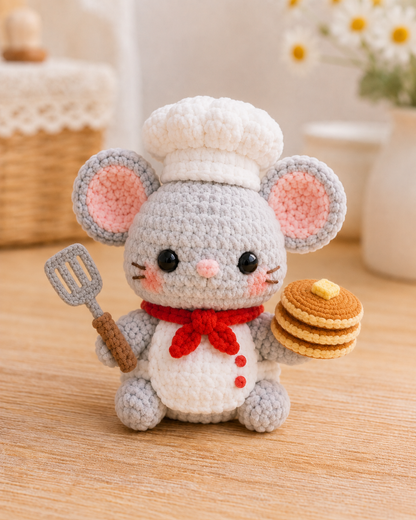 Handmade Crochet Chef Mouse Plushie Collection | Soft Velvet Amigurumi Baker Stuffed Animal