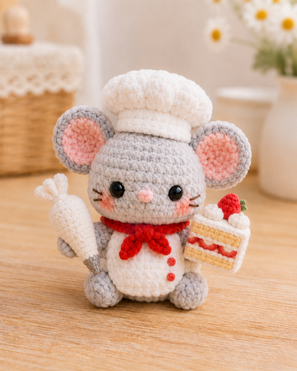 Handmade Crochet Chef Mouse Plushie Collection | Soft Velvet Amigurumi Baker Stuffed Animal