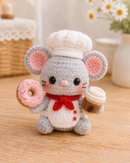 Handmade Crochet Chef Mouse Plushie Collection | Soft Velvet Amigurumi Baker Stuffed Animal