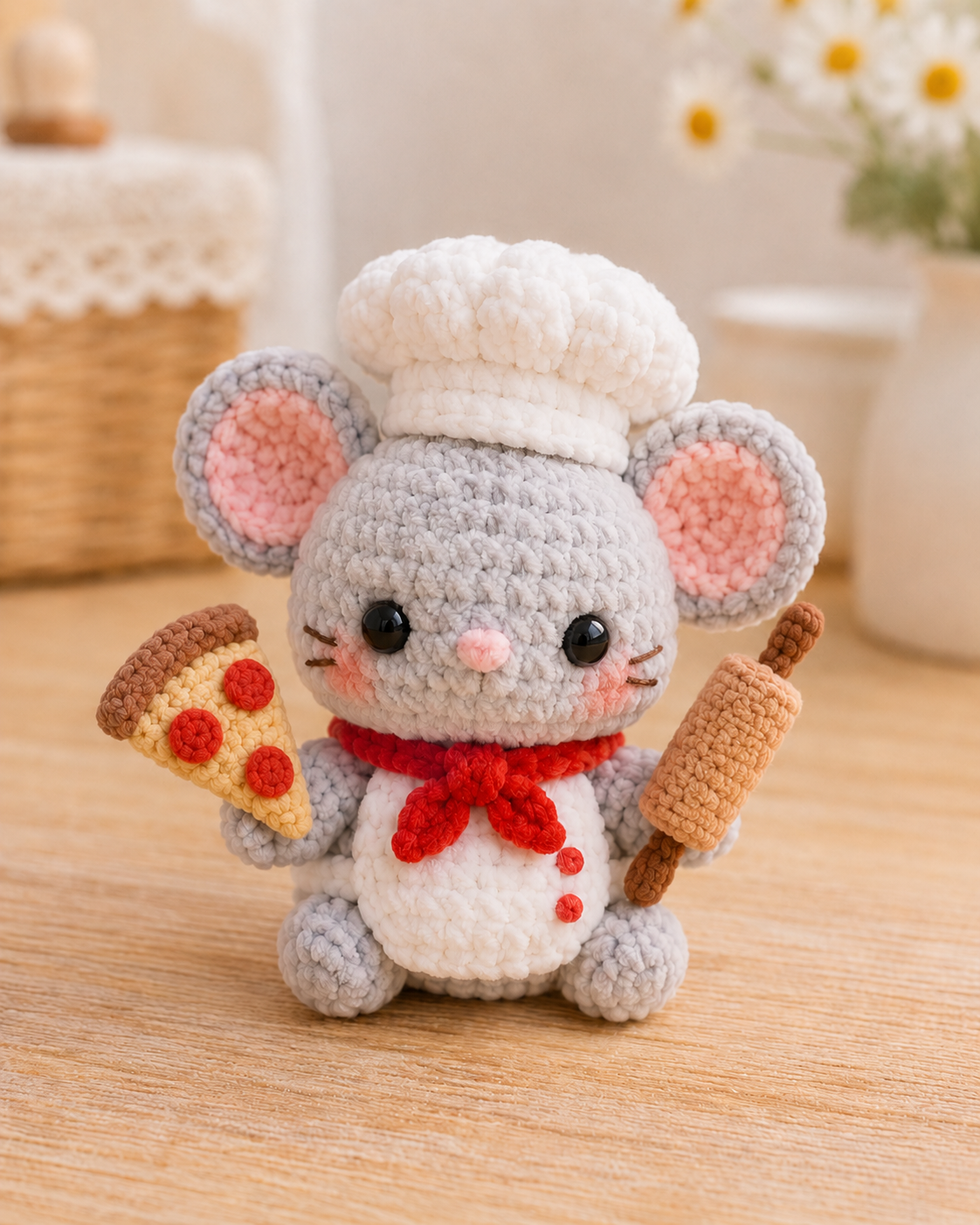Handmade Crochet Chef Mouse Plushie Collection | Soft Velvet Amigurumi Baker Stuffed Animal