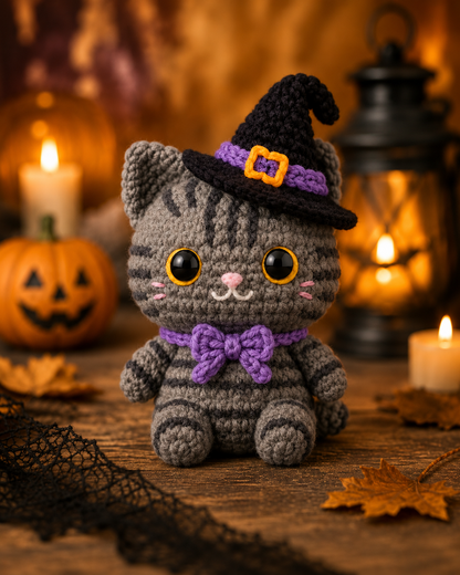 Spooky-Cute Crochet Witch Cat Plushie | Handmade Amigurumi Halloween Stuffed Animal