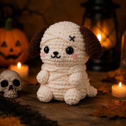 Spooky-Cute Crochet Mummy Puppy Plushie | Handmade Amigurumi Halloween Stuffed Animal