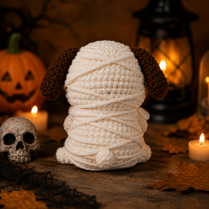 Spooky-Cute Crochet Mummy Puppy Plushie | Handmade Amigurumi Halloween Stuffed Animal