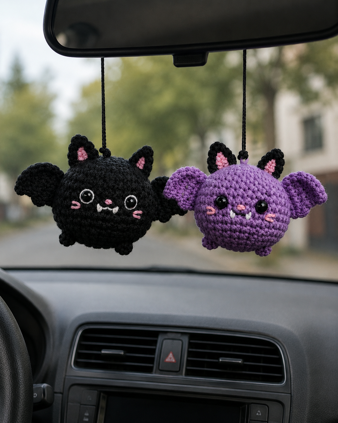 Spooky-Cute Crochet Bat Car Charm Pair | Handmade Amigurumi Halloween Rearview Mirror Accessory