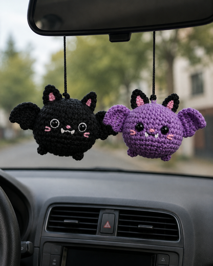 Spooky-Cute Crochet Bat Car Charm Pair | Handmade Amigurumi Halloween Rearview Mirror Accessory