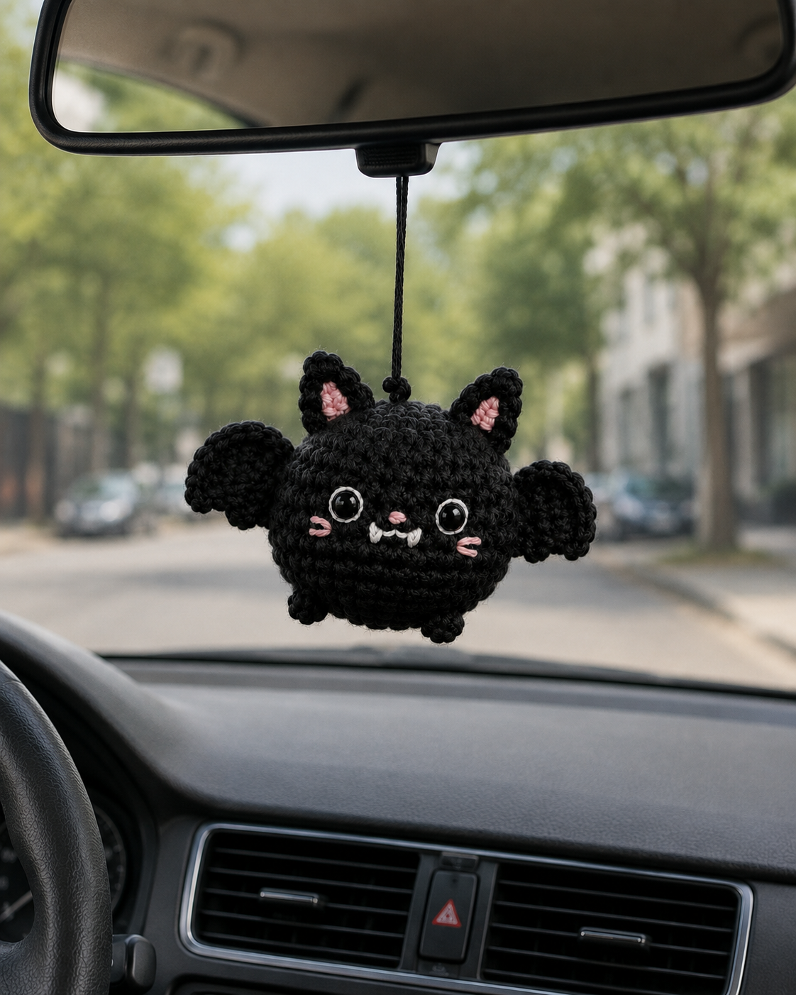 Spooky-Cute Crochet Bat Car Charm Pair | Handmade Amigurumi Halloween Rearview Mirror Accessory